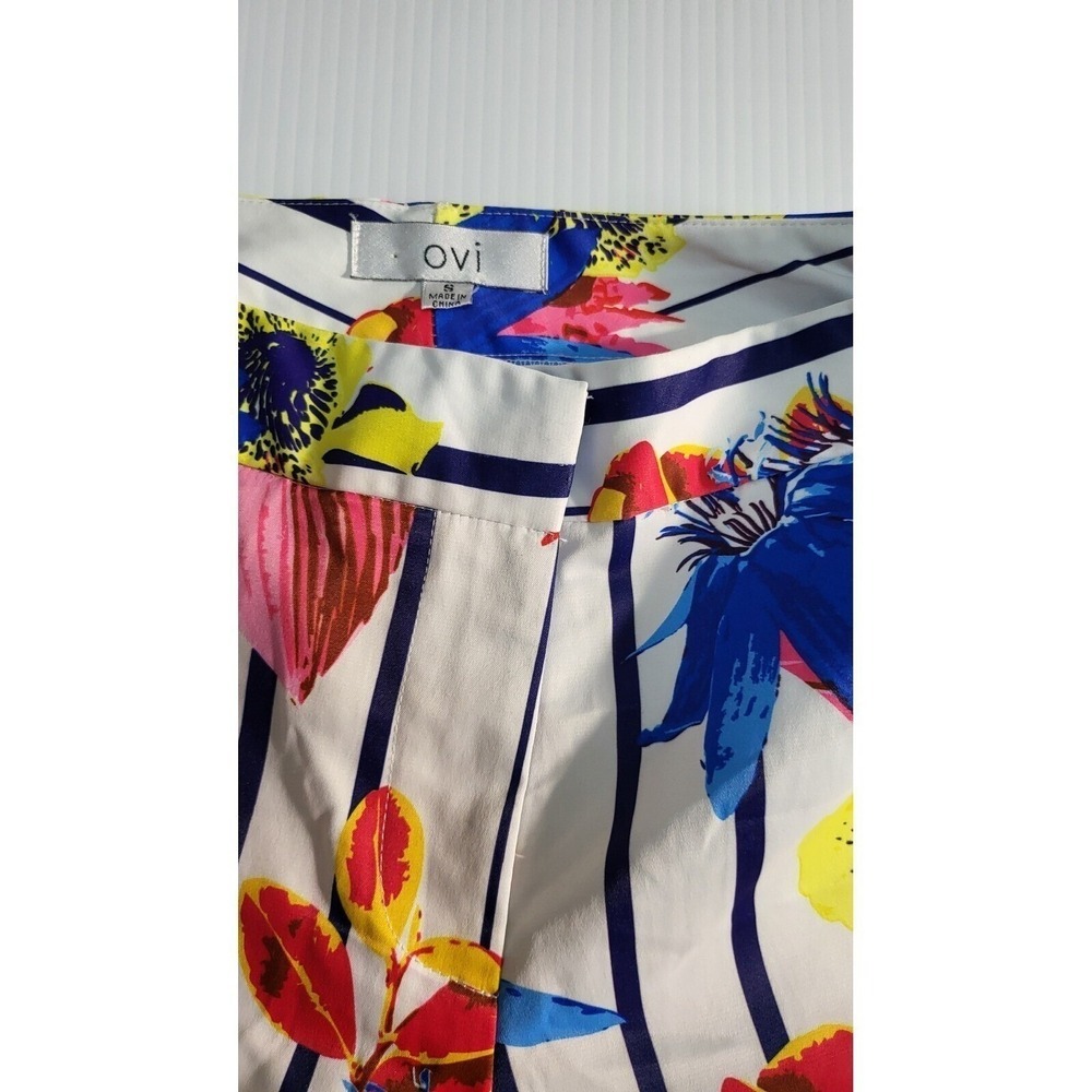 Ovi Womens Floral Striped Cuffed Shorts White Navy Blue Yellow Pink Size S - Picture 6 of 7